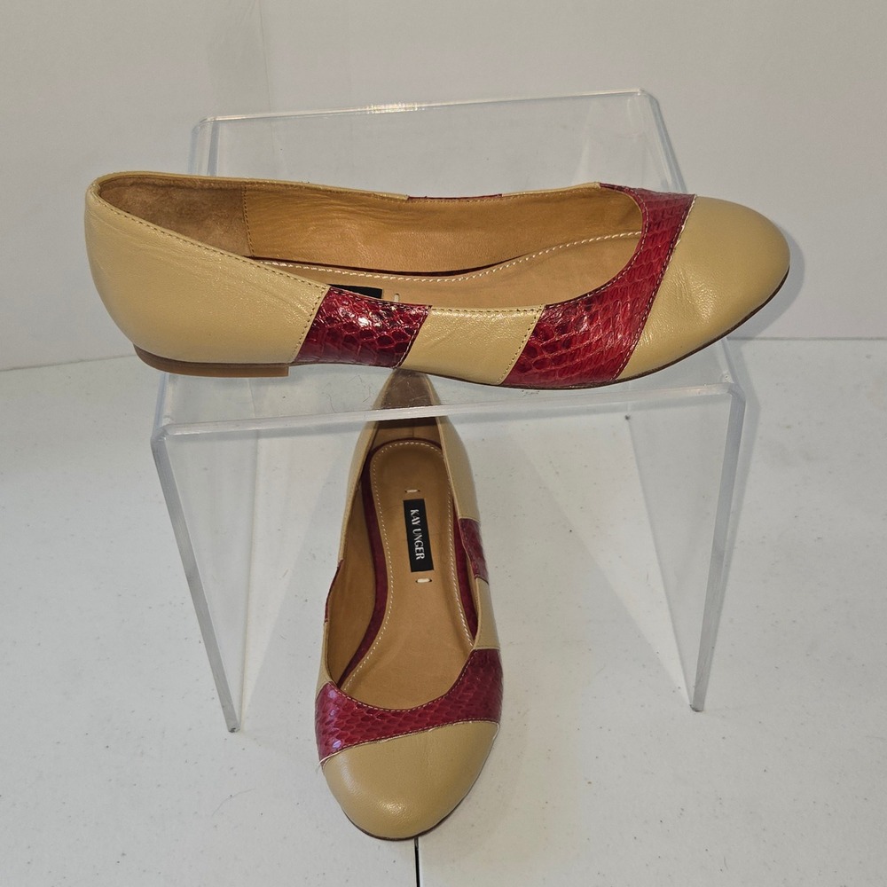 Kay Unger Womens 7M Tan Red Snakeskin Embossed Leather Ballet Flats AC546